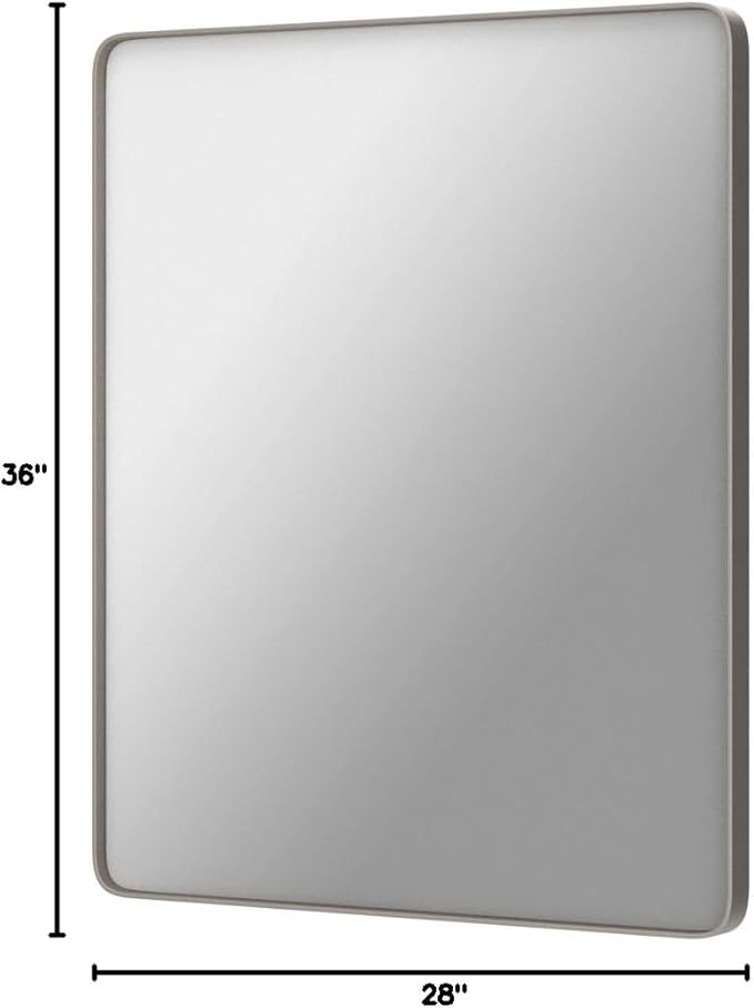 28x36 Inch Brushed Nickel Bathroom Mirror, Brushed Silver Metal Framed Wall Mirror, Rounded Rectangle Bathroom Vanity Mirror, Anti-Rust, Shatterproof (Horizontal/Vertical)