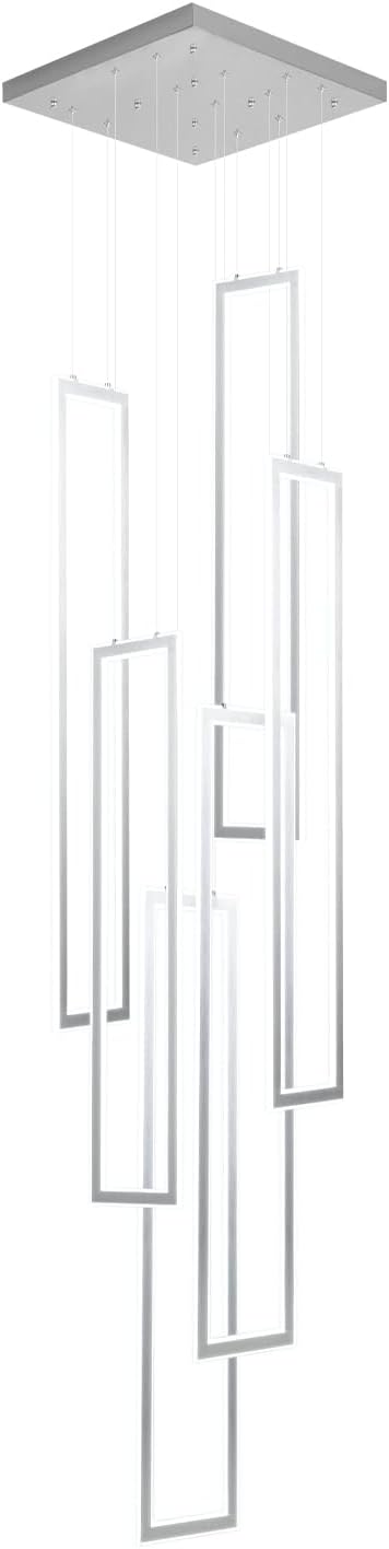 6-Rings Modern Chandelier,H138 Rectangle Chandeliers for Staircase,LED Dimmable High Ceiling Chandeliers Large Contemporary Chandelier for Villa Foyer Chrome