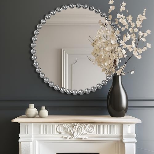 Madison Park Round Mirror, Metal Frame Circle Mirror 27 inch, Wall Art Decor Mounted Hanging for Entryway, Bathroom, hallway, Living Room, Vanity, Marlowe, Silver