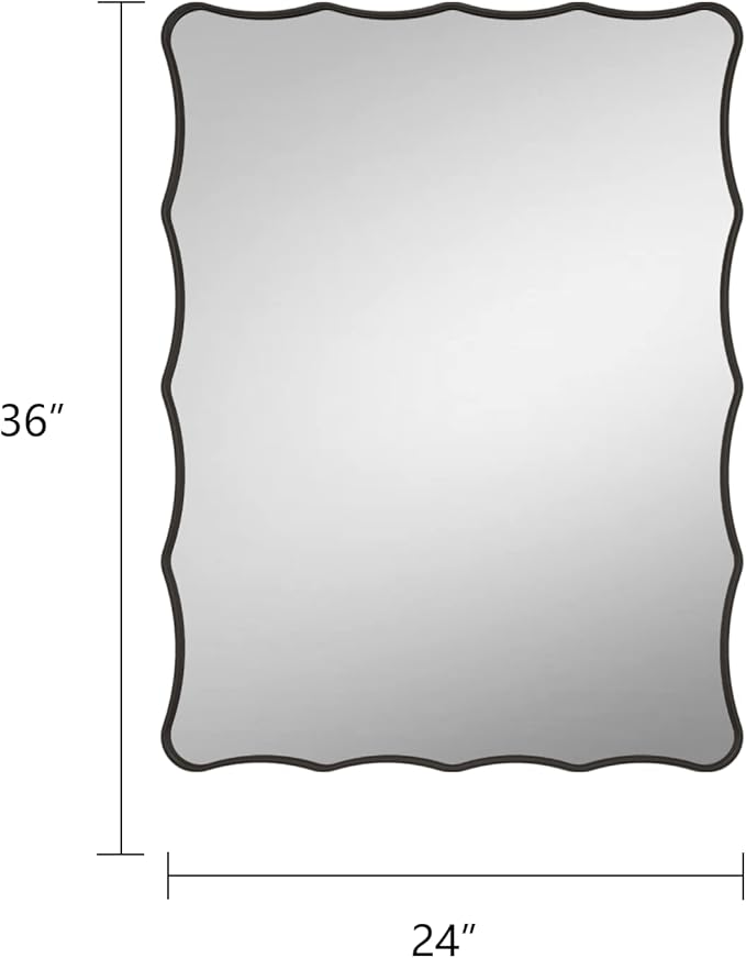 24x36 Matte Black Mirror, Black Metal Vanity Mirror for Wall, Rectangle Bathroom Mirror with Wavy Frame, Anti-Rust(Horizontal/Vertical)
