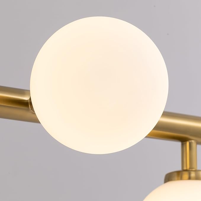 Mid Century Chandelier, Gold Brass Sputnik Pendant Light with White Glass Lampshade,7 Lights Globe Rectangle Linear Chandeliers for Dining Room Kitchen L43.3INxW11.8IN