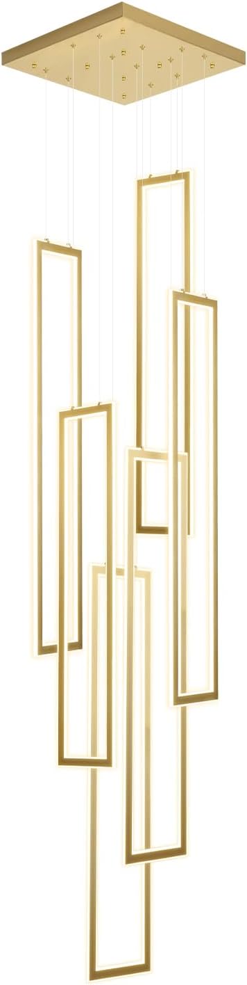 6-Rings Modern Chandelier,H138 Rectangle Chandeliers for Staircase,LED Dimmable High Ceiling Chandeliers Large Contemporary Chandelier for Villa Foyer Gold