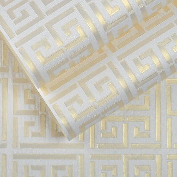 20.8"x390.0"Greek Key Traditional Wallpaper Modern Classic Geometric Trellis Non-Pasted Wallpaper Gold/White Textured Vinyl Paper Washable
