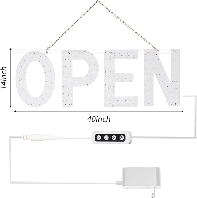 LED Open Sign for Business, 40"x14" Dimmable Brightness Large Electric Light Up Sign, Hanging Installation for Store Restaurant Office Bar Hotel Salon (warm white)
