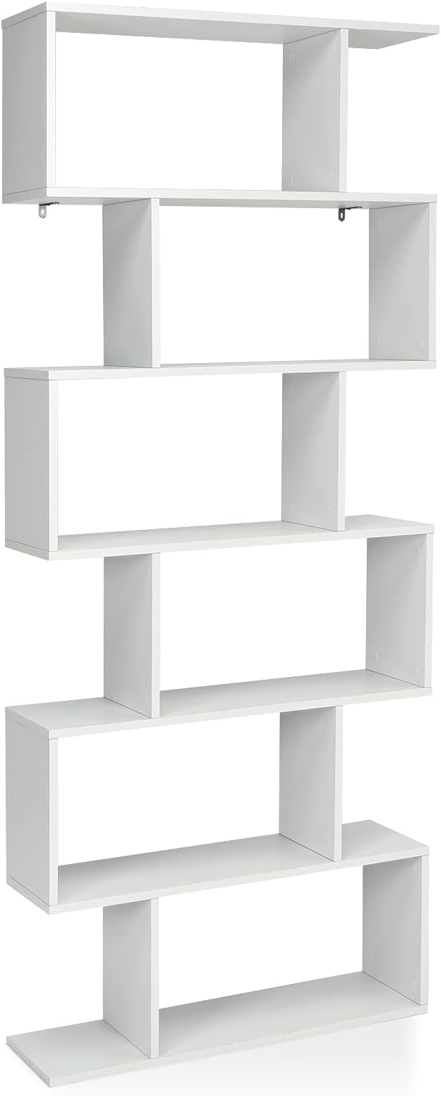 6 Tier Geometric Bookcase, S Shaped Bookshelf, Book Shelf Room Divider, Wood Freestanding Display Shelves, 75 Inch Staggered Bookshelf for Bedroom Living Room (1, White)
