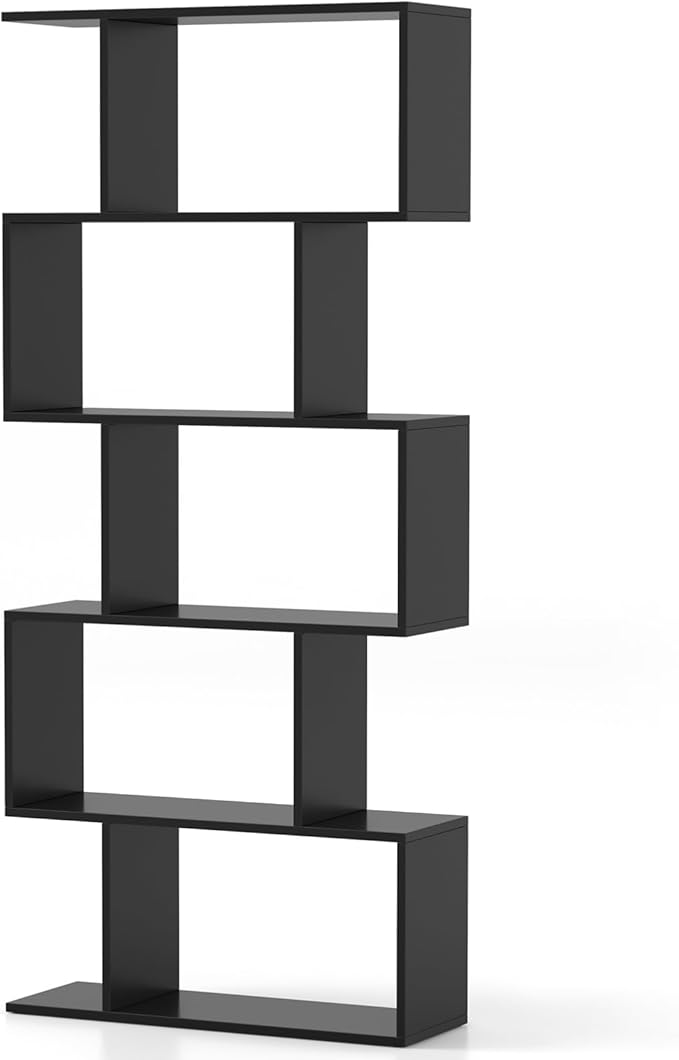 5 Tier Geometric Bookcase, S Shaped Bookshelf, Modern Decorative Storage Shelving, Wooden Room Divider Bookcase, 62.5" Tall Staggered Display Book Shelf for Living Room (1, Black)