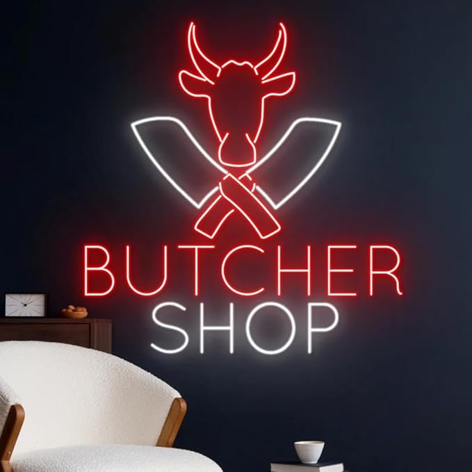 Butcher Shop Led Sign, Cow Led Light, Butcher Neon Light, Butcher Shop Neon Sign, Store Sign Wall Art, Kitchen Business Decor Size:18inches