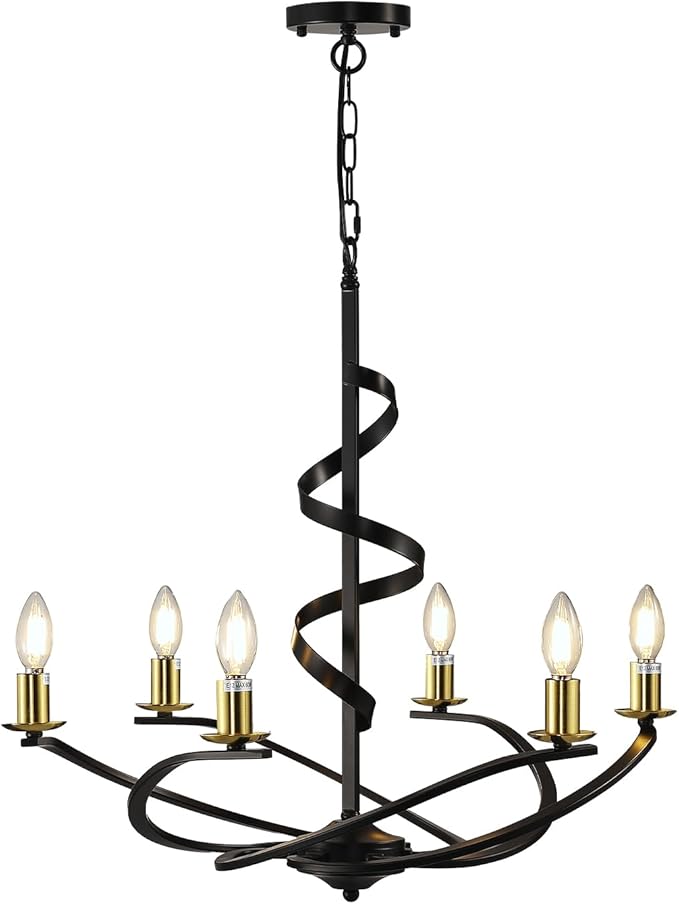Black and Gold Chandelier, 6-Light Farmhouse Chandeliers for Dining Room, Rustic Kitchen Island Lighting, Modern Chandelier for Living Room, Hanging Pendant Lights for Bedroom, Foyer, Staircase, Entry