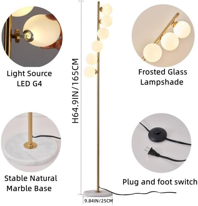 NKU Mid Century Floor Lamp Unique Glass lamp with Foot Switch, Modern Standing Tall Lamp for Living Room 3 Color Temperatures 6 Globe Floor Lighting for Bedroom Office(Gold)