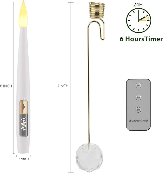 Christmas Tree Candles, 10 Pack Flameless Taper Candles for Christmas Tree Decor, Fake LED Candle Battery Operated with Remote for Xmas Wedding Home Gift with Crystal Ball Hook