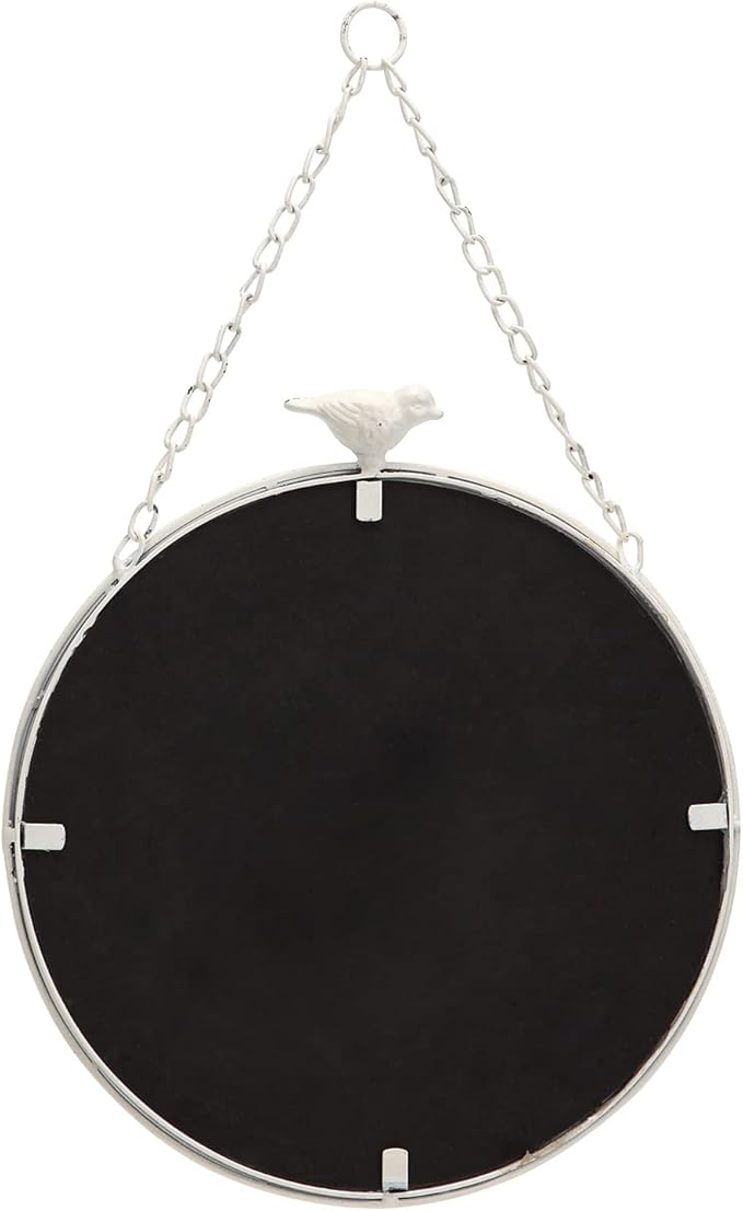 NIKKY HOME 11 Inch Decorative Small Hanging Mirrors Vintage Rustic Round Metal Framed Wall Mounted Mirror Decor with Bird for Bathroom Living Room Office, Rustic White