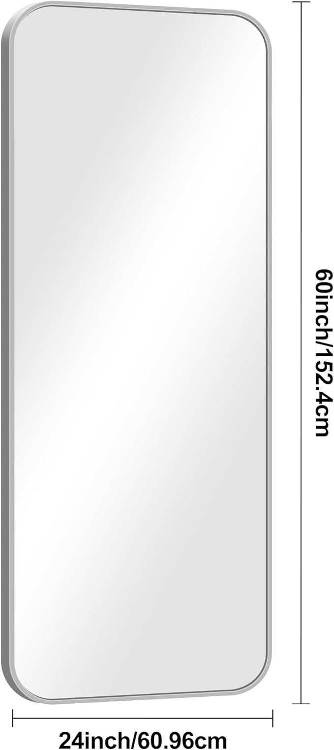 BONEWEI Silver Bathroom Mirror,24x60 inch Wall Mirror for Bathroom Wall Mounted,Rectangle Mirror for Bathroom Over Sink,Modern Frame Round Corner for Living Room,Bedroom Entryway,Horizontal/Vertical
