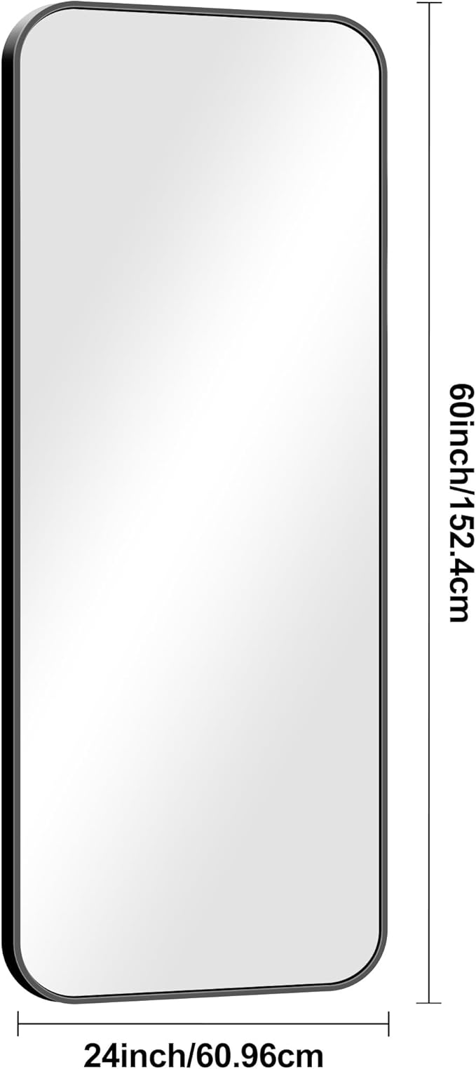 BONEWEI 24x60 inch Bathroom Mirror,Black Rectangle Mirror,Wall Mounted Bathroom Frame Vanity Mirror with Round Corner for Bedroom Living Room,Entryway Hangs Horizontal or Vertical