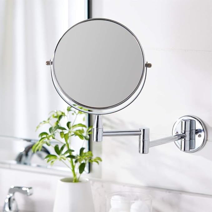 Amazon Basics Wall Mount Round Vanity Magnifying Bathroom Mirror, 1X/5X Magnification, 12.8"L x 10"W, Chrome