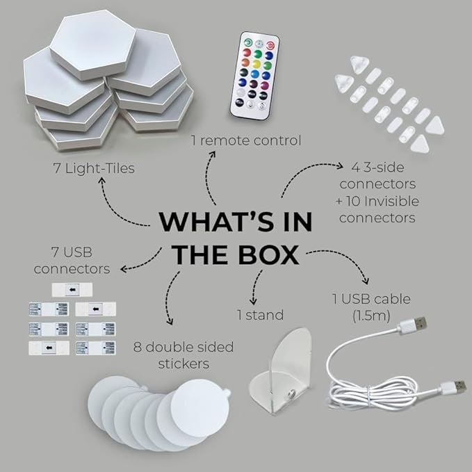 Emberela HEXlights 7-Pack Hexagon Lights, Touch and Remote Controlled RGB Wall Panels - LED Light Panels for Living Room, Bedroom, Game Room Decor - Tabletop Stand Included