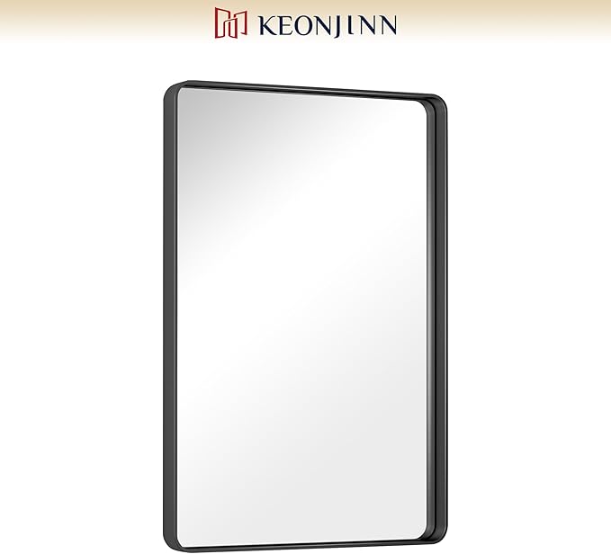 Keonjinn Black Bathroom Mirror, 20 x 30 Inch Rounded Rectangle Sandblasted Finish Bathroom Mirrors for Over Sink, Matte Black Farmhouse Mirror with Seamless Frame, HD Tempered Glass Vanity Mirror