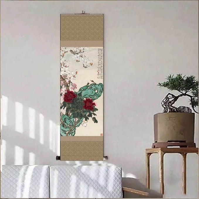 Chinese Flower Painting Decor, Asian Decor for Home Silk Scroll Painting,Chinese Vertical Wall Art,Oriental Wall Art,Japanese scroll wall art,Hanging Paintings for Living Room Bedroom (Peony)