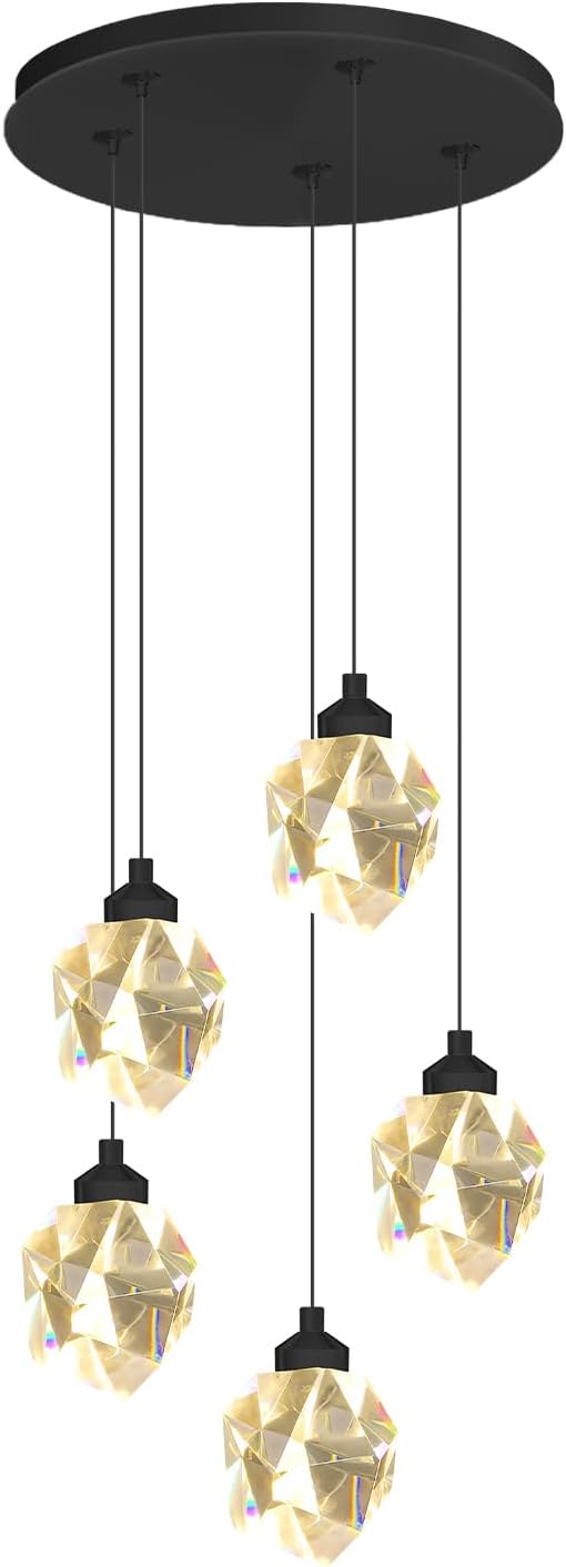 5-Light Cluster Crystal Raindrop Pendant Lights- 25W Black LED Dimmable Hanging Light Fixture Chandelier for Kitchen Island, Dining Room Living Room