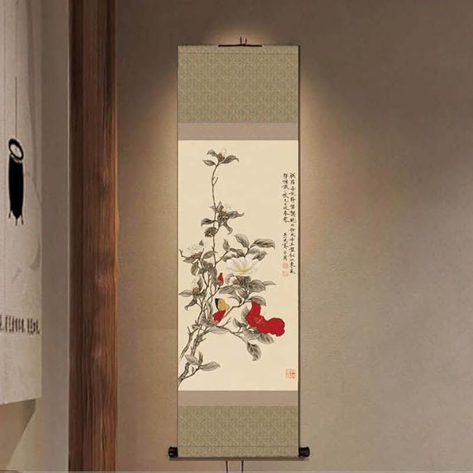 Chinese Flower Painting Decor, Asian Decor for Home Silk Scroll Painting,Chinese Vertical Wall Art,Oriental Wall Art,Japanese scroll wall art,Hanging Paintings for Living Room Bedroom (Camellia)