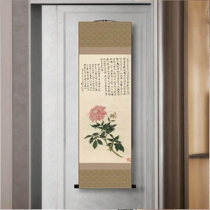 Chinese Flower Painting Decor, Asian Decor for Home Silk Scroll Painting,Chinese Vertical Wall Art,Oriental Wall Art,Japanese scroll wall art,Hanging Paintings for Living Room Bedroom (Dahlia)