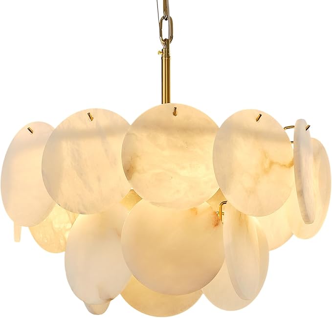 Alabaster Chandelier, 18.1" Natural Spanish Marble Stone Texture Chandeliers, 4-Light Dimmable Round Alabaster Chandelier, Modern Luxury Lighting for Living Room, Dining Room, Bedroom, Hallway