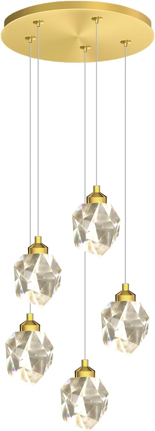 5-Light Raindrop Pendant Light, Gold Kitchen Island Hanging Light Fixtures, Modern Art Raindrop Clear Solid Crystal Chandelier for Dining Room Living Room Foyer