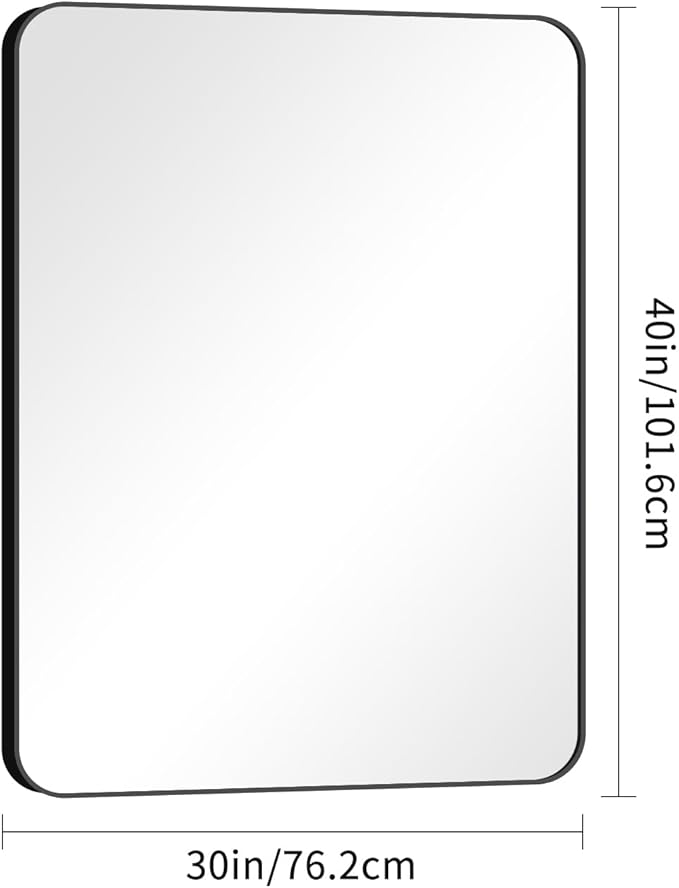 BONEWEI 30x40 inch Bathroom Mirror,Black Rectangle Mirror,Wall Mounted Bathroom Frame Vanity Mirror with Round Corner for Bedroom Living Room, Entryway Hangs Horizontal or Vertical
