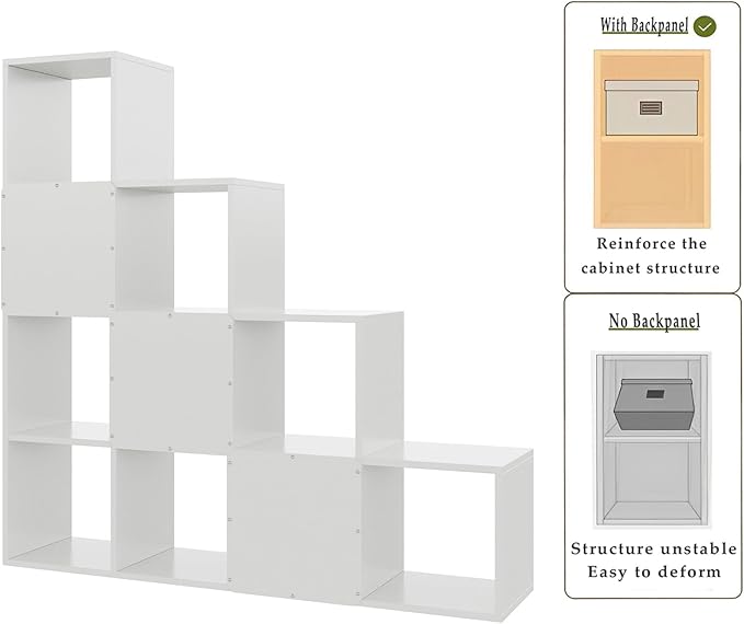 Ladder Cube Storage Bookcase - Wooden L-Shaped 4-Tier Corner Shelf, Reversible 10-Cube Organizer for Home & Office, White