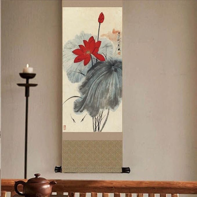 Chinese Flower Painting Decor, Asian Decor for Home Silk Scroll Painting,Chinese Vertical Wall Art,Oriental Wall Art,Japanese scroll wall art,Hanging Paintings for Living Room Bedroom (Red lotus)
