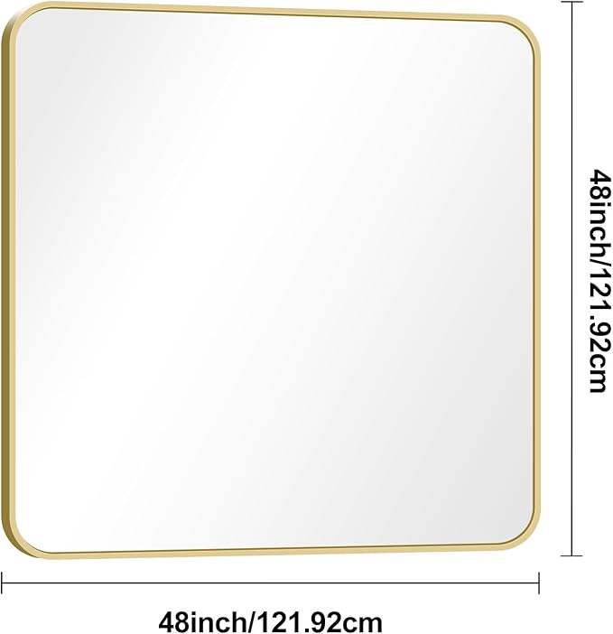 BONEWEI Gold Bathroom Mirror,48x48 inch Wall Mirror for Bathroom Wall Mounted,Round Rectangle Mirror for Bathroom Over Sink,Modern Frame for Home Decor Living Room,Bedroom Entryway,Horizontal/Vertical