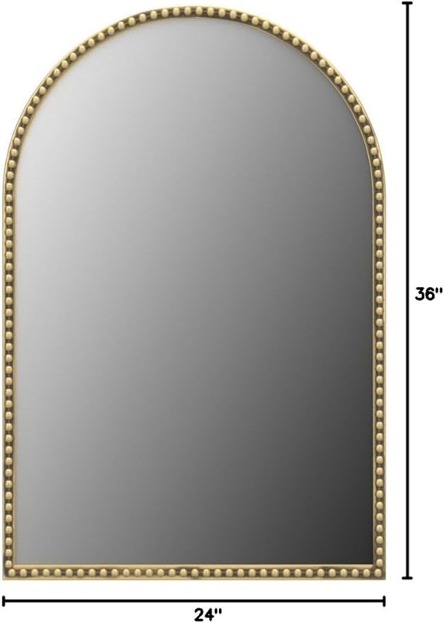 Arched Wall Mirror for Bathroom - 24"x36" Metal Beaded Frame Decorative Accent Mirror, Large Modern Rustic Distressed Hanging Wall Decor for Washroom, Bedroom, Living Room, Entryway, Antique Gold