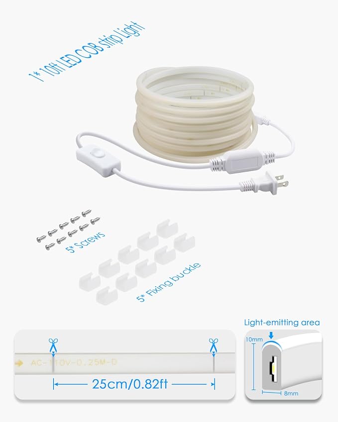 COB LED Strip Light 10FT 6000K Daylight White AC 110V-120V LED Rope Lights Outdoor Waterproof IP65 High Density 288LEDs/M Flexible LED Light Strip with Switch for Garden Bedroom Indoor 3M