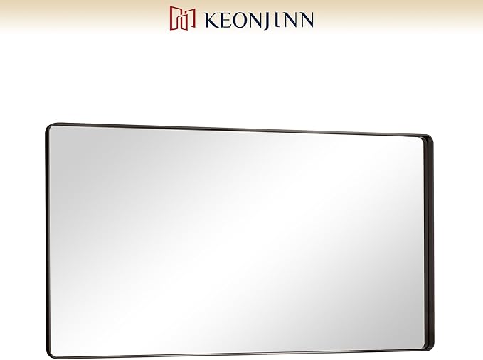 Keonjinn Black Bathroom Mirror - 55 x 30 Inch Large Metal Framed Wall Mirror, HD Tempered Glass, Modern Decorative Mirror (Horizontal/Vertical)