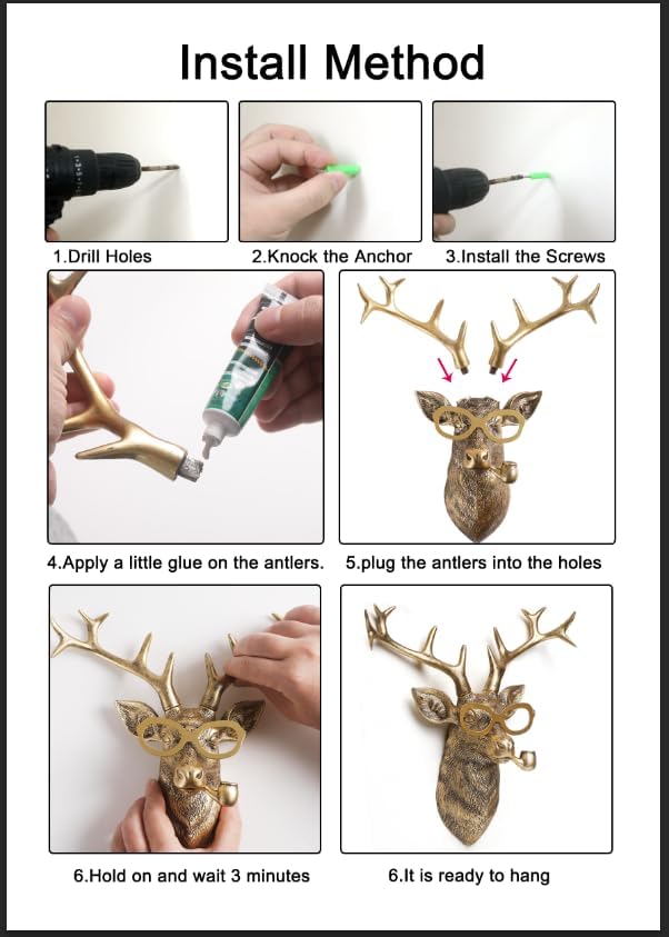 Newinhome Animal Heads Wall Decor (5pcs, Includes Metal Frame) Resin Animals Sculptures Head Wall Hanging Decoration Gold vintage Wall Sculpture for Living Room Bedroom Office