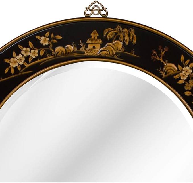 ChinaFurnitureOnline Black Lacquer Chinoiserie Scenery Motif Oriental Round Mirror