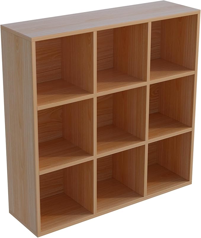 9-Cube Storage Shelf Bookcase - Wooden 3-Tier Floor Standing Open Bookshelf for Home and Office, Display Cabinet, Oak