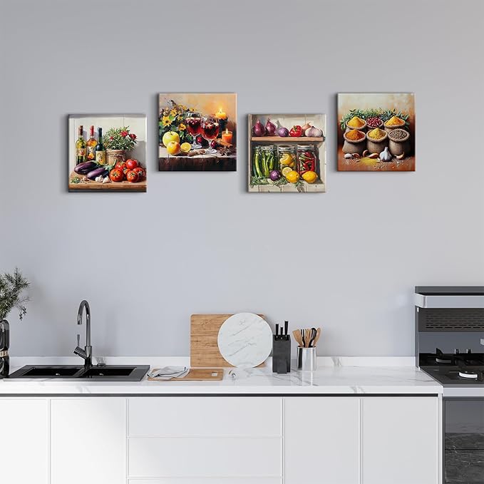 Kitchen Wall Art Colorful Mason Jar Wall Decor Farmhouse Spices Food Wine Herbs Vegetable Pictures for Dining Room Rustic Vintage Still Life Painting Canvas Prints Restaurant Home Decoration 12x12" 4P