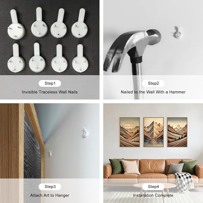 Large Vintage Woodcut Style Mountain Framed Canvas Wall Art,Mid Century Woodland Wall Decor,Boho Sunrise Forest Artwork,Modern Neutral Nature Art Print for Living Room,Bedroom,Office- 24"x36"x3