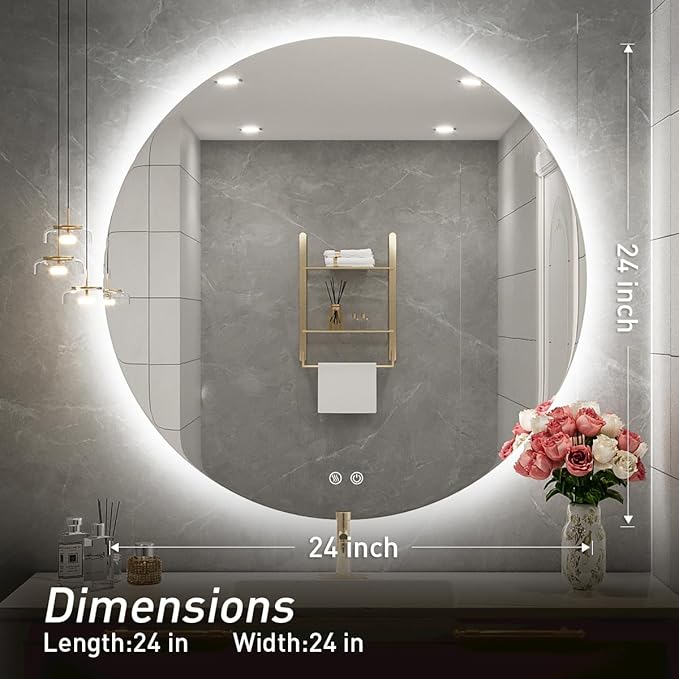 24 Inch Round LED Bathroom Mirror - 6000K Daylight Backlit, Anti-Fog & Dimmable, Frameless Waterproof Mirror with Touch Control, CRI90+, IP54 for Vanity & Makeup