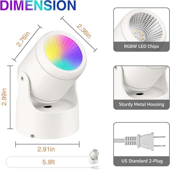 6W RGBW Uplighting Indoor Color Changing Up Lights Indoor with Remote Dimmable LED Spot Lights for Home Aluminum Accent Lighting for Party Plant Decor with 5.9 FT Plug Cord, 2 Pack