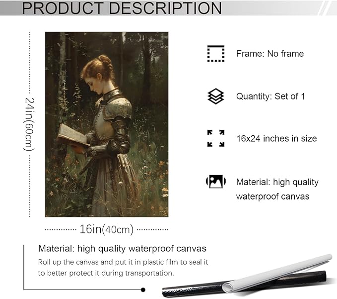 Lady Knight Reading In The Forest Wall Art, Vintage Woman Knight Oil Painting, Medieval Fantasy Poster Canvas, Dark Academia Wildflower Field Picture, Reading Wall Art for Bedroom 16x24in Unframed