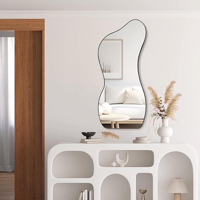 Large Irregular Wall Mirror 47.2"x22", Unique Shaped Black Asymmetrical Mirror, Modern Oblong Wavy Mirror, Cloud Mirror for Living Room,Bathroom,Entryway,Dining Room