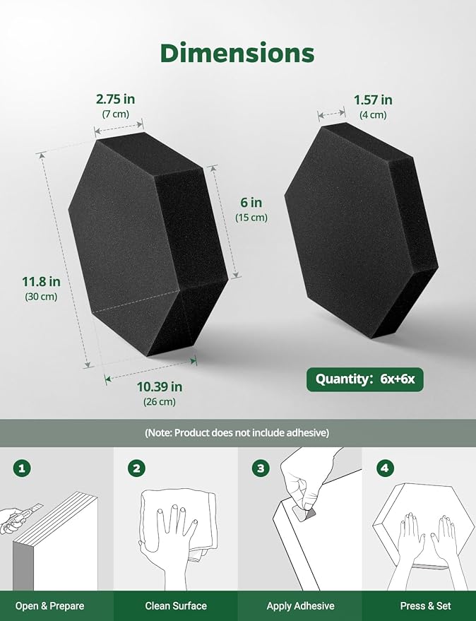 Acoustic Foam Panels, 1.57" & 2.75" Dual-thickness, 12 Pack Sound Absorbing Foam Tiles for Walls, Doors, Ceiling, 12" x 10" 3D Hexagon Decorative Art Panels for Recording Studio, Room, Pared (Black)