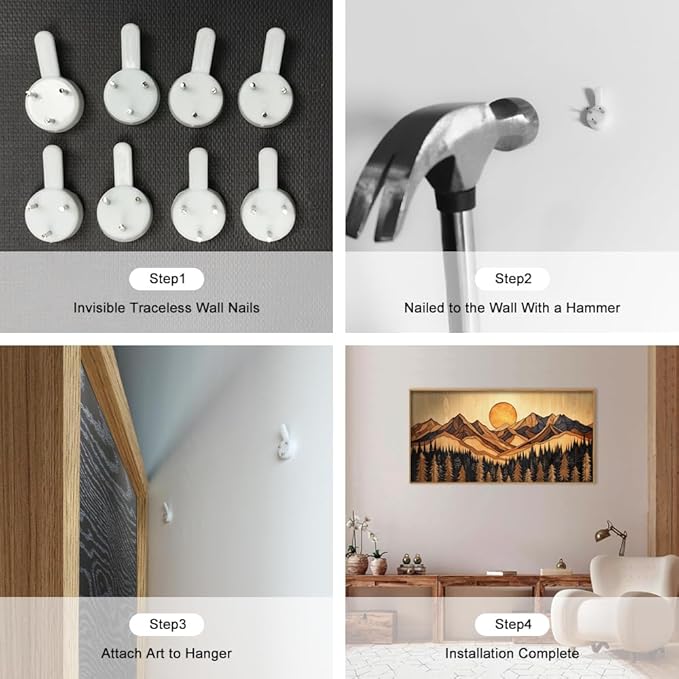 Ausril Woodcut Mountain Pine Tree Framed Canvas Wall Art Set - 20x40 Inch, Vintage Nature Forest Wilderness Landscape Print, Brown Boho Style Painting for Living Room, Bedroom, Office Decor