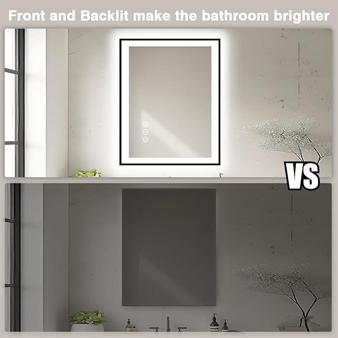 28x32 LED Bathroom Mirror - Black Aluminum Framed, Front & Backlit, Anti-Fog, Dimmable, Plugin/Hardwired