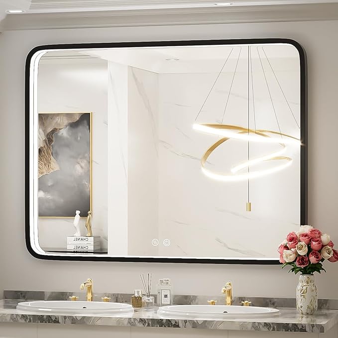 40X30 Inch Black Bathroom Mirror with LED Lights,Metal Frame Lighted Vanity Mirror,Anti Fog Design&Dimmable&Touch Switch, Wall Mounted Makeup Mirror for Home Decor(Horizontal/Vertical)