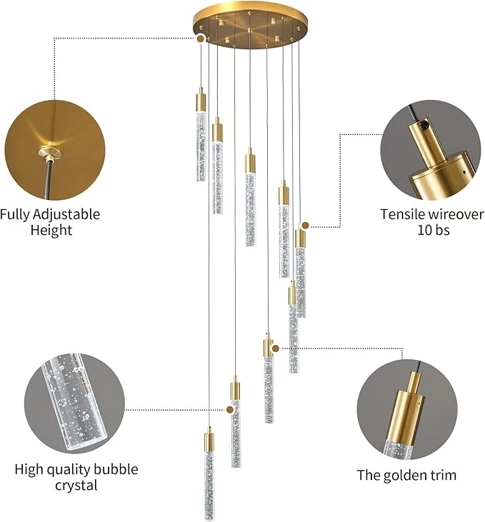 9-Light Modern Living Room Chandelier Gold Brass Finish Crystal Ceiling Pendant Lights LED Dimmable 54W 6000K Staircase Large Chandeliers for Entryway Lobby Foyer High Ceiling Chandeliers