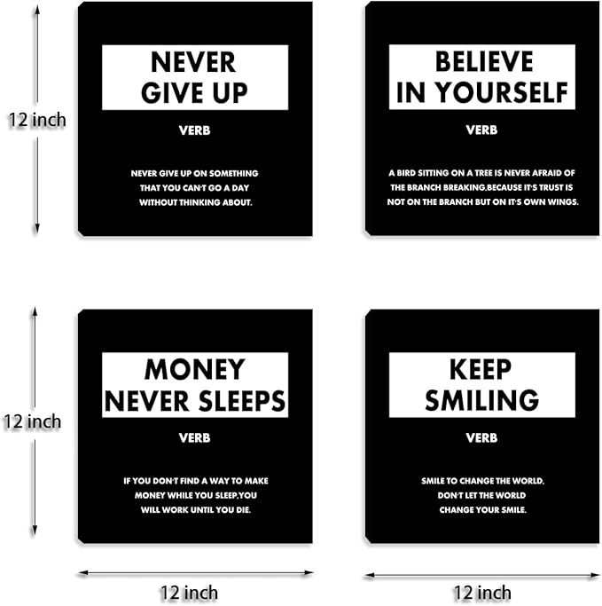 Motivational Framed Wall Art - Inspirational Office Quotes Wall Decor for Living Room Bedroom Black White Canvas Wall Art Wall Painting Picture Posters Artwork - 12"x12"x4PCS