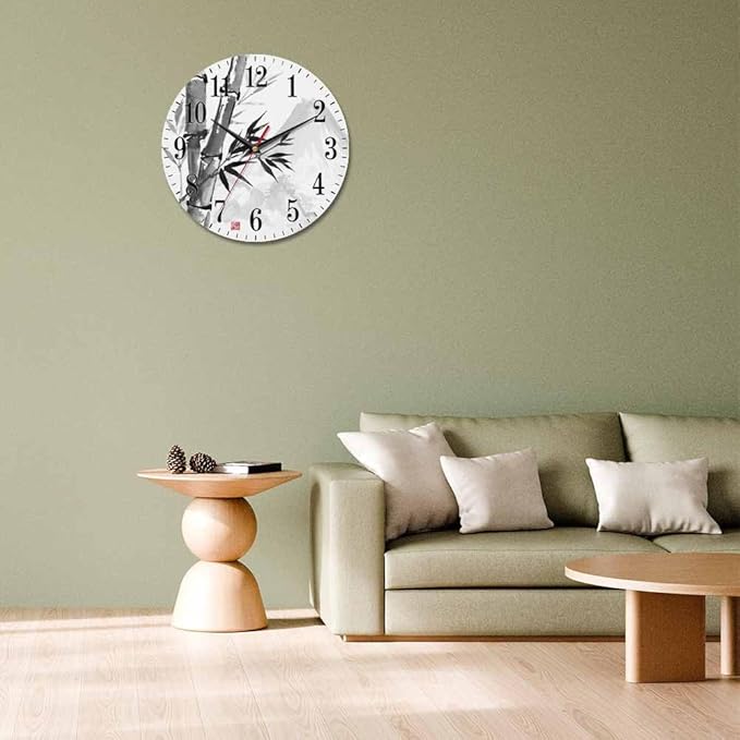 Mxocom Bamboo and Mountains Wall Clock Tranquil Simple East Ink Style 10 Inch Silent Non Ticking Battery Operated Clock Vintage Round Clock for Living Room Bedroom Bathroom Office Decor