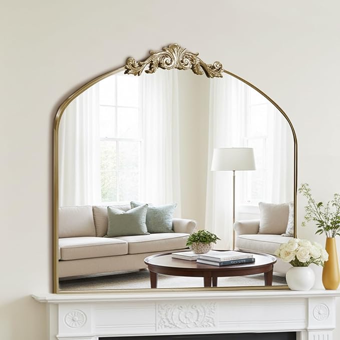 MISSDAY Vintage Arched Baroque Mirror for Wall, 36"X30" Antique Wall Mirror with Elegant Carving Top, Full Metal Frame Wall-Mounted Mirror for Bathroom, Living Room, Fireplace, Entryway, Retro Gold